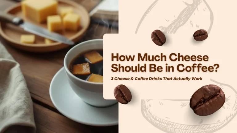 A cozy still life on a wooden table featuring a cup of black coffee with melting mascarpone and a plate of cubed gouda cheese against the background of an open book.