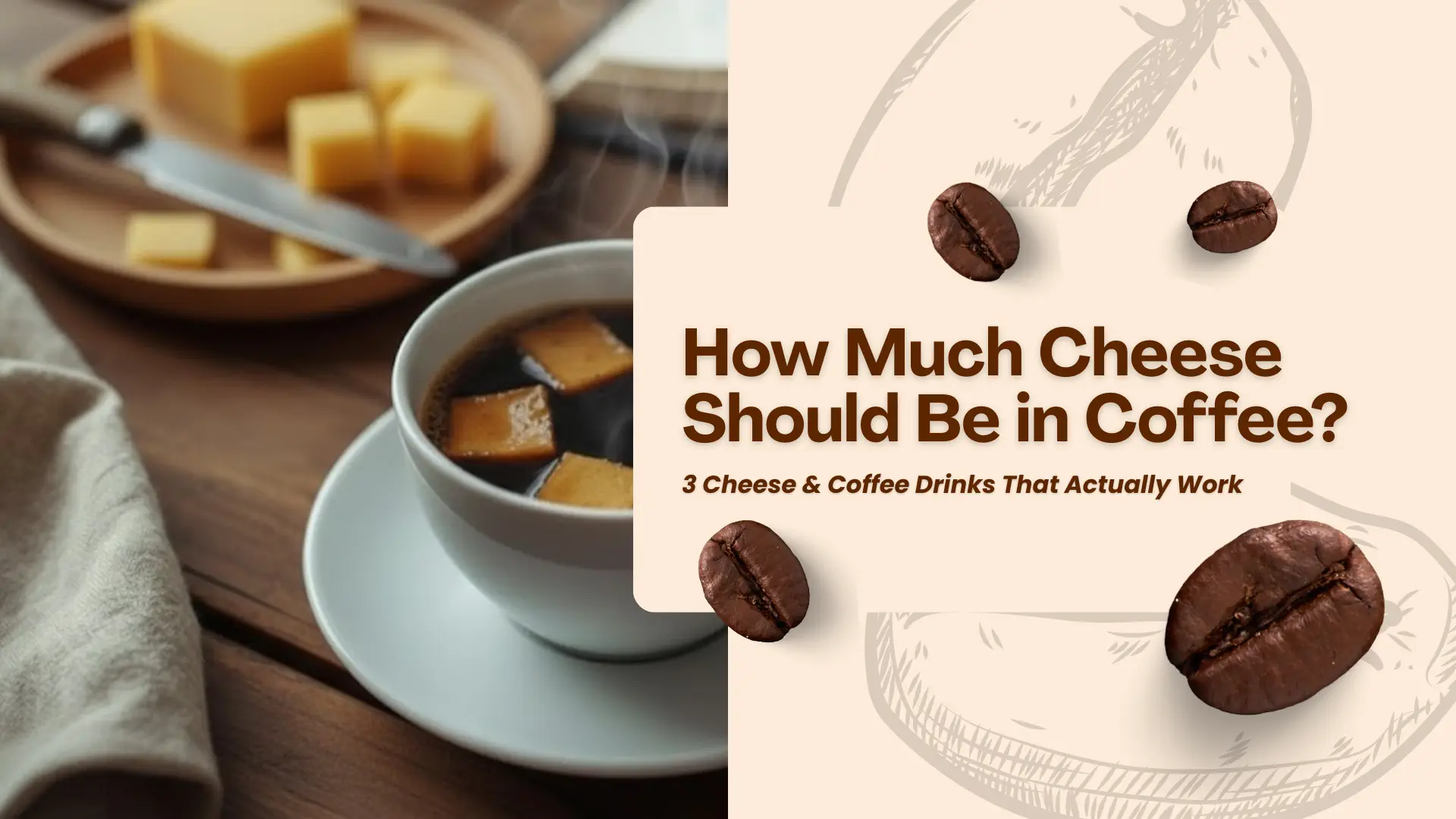 A cozy still life on a wooden table featuring a cup of black coffee with melting mascarpone and a plate of cubed gouda cheese against the background of an open book.