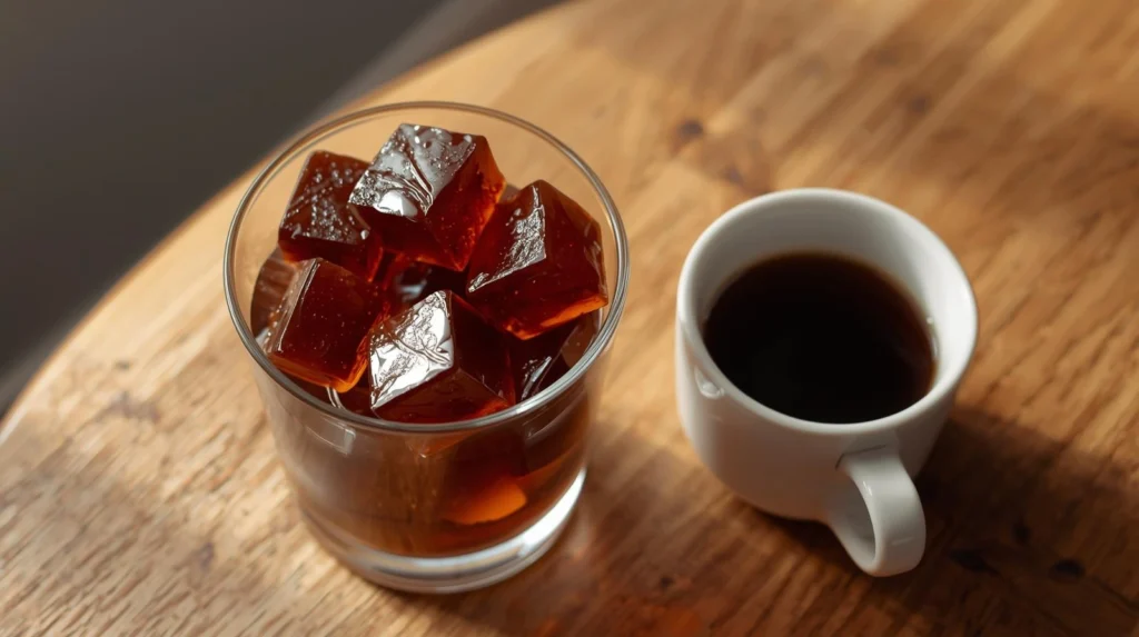 coffee jelly cubes served in a glass with coffee nearby
