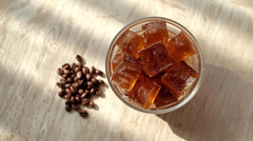 coffee jelly served with roasted coffee beans nearby