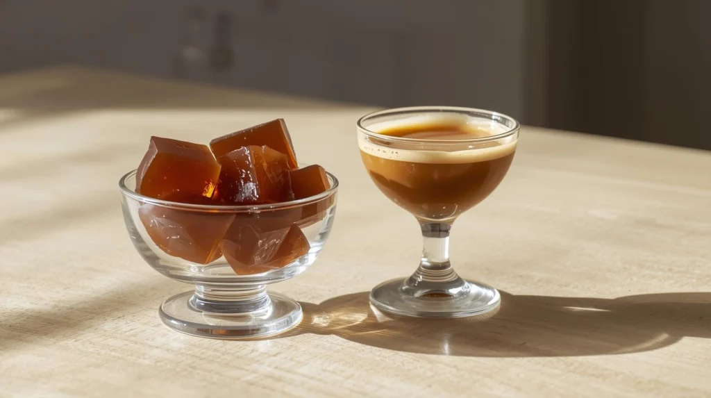 coffee jelly served with cream on a wooden table