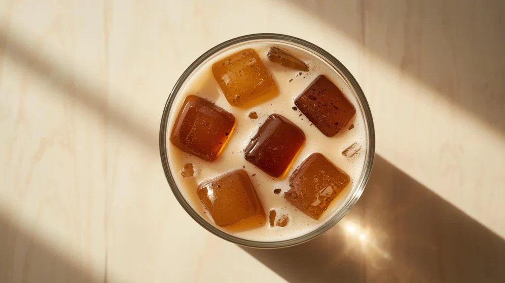 coffee jelly cubes with milk and ice on a wooden table