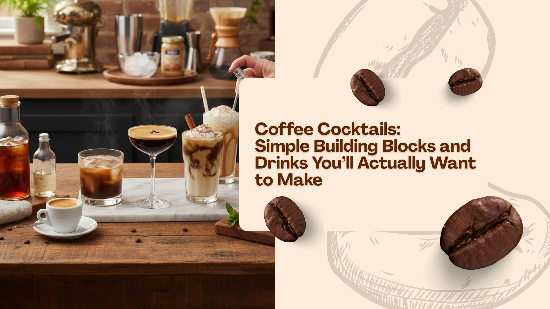 A cinematic wide shot on a wooden kitchen counter featuring an assortment of coffee drinks, cocktails, and ingredients like orange zest and bitters in a warm, cozy light