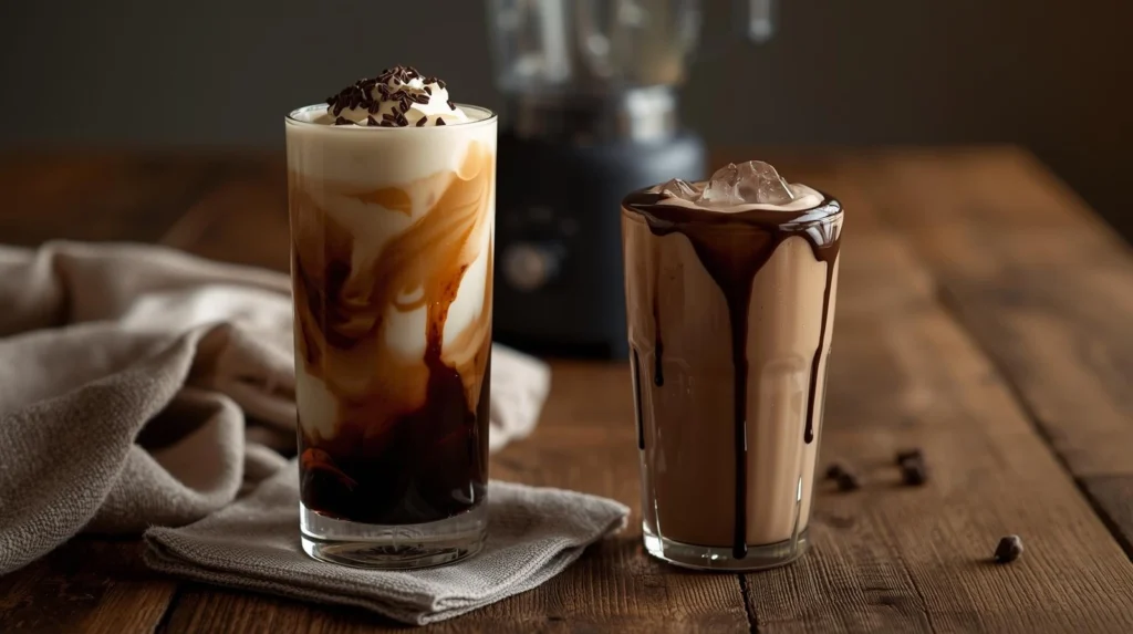 Creamy White Russian and Mudslide cocktails with swirls of cream on a wooden kitchen table