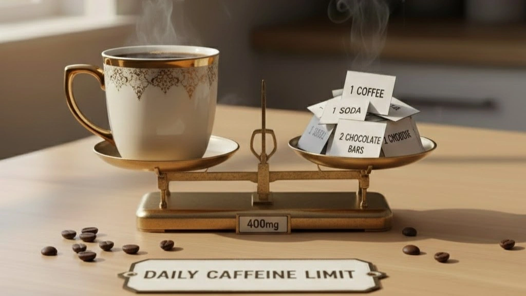 A gold scale balancing a cup of coffee against tags for soda and chocolate, labeled "Daily Caffeine Limit 400mg."