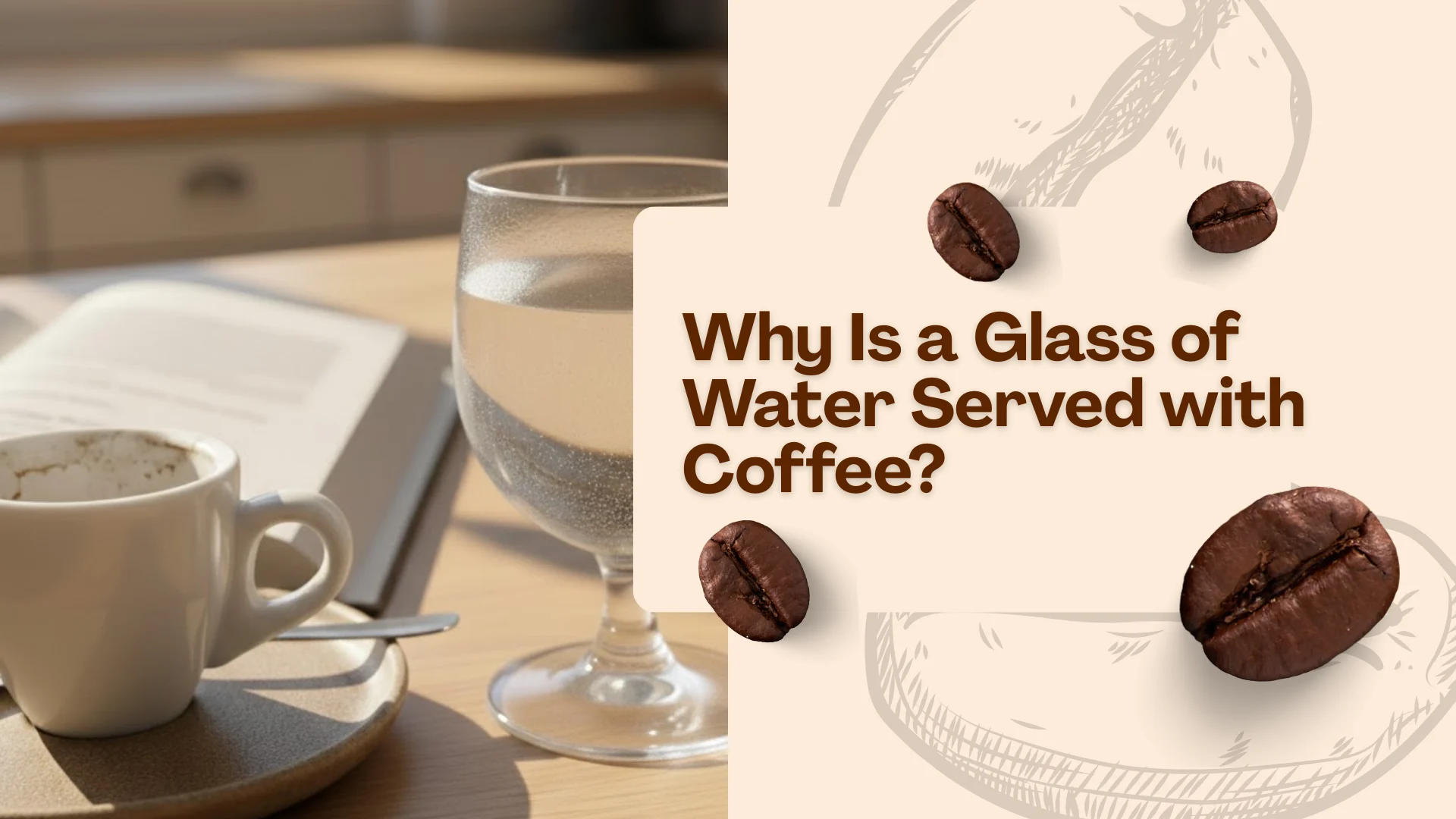 A small white ceramic cup of espresso with rich crema next to a stemmed glass of sparkling water on a light wooden table in a sunlit, minimalist kitchen.