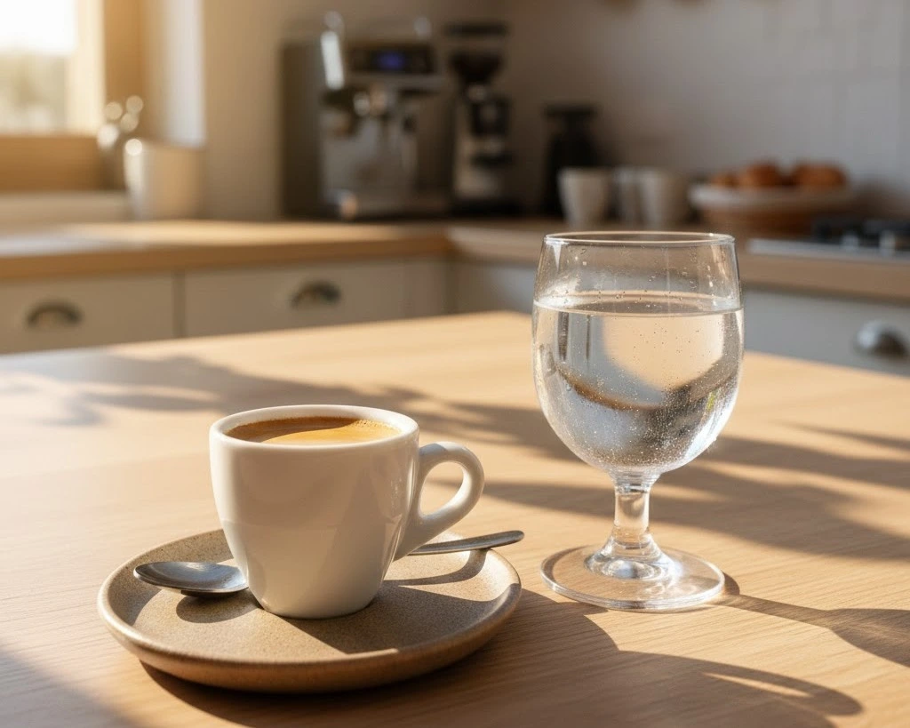espresso cup served with a glass of water on a café table