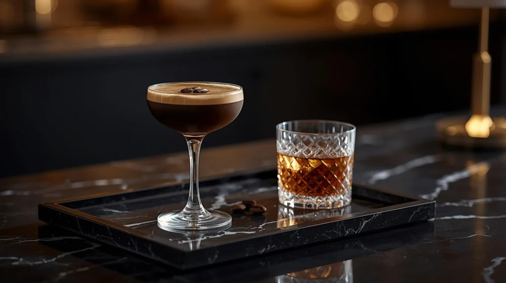 An elegant Espresso Martini cocktail with foam and coffee beans in a cozy, dimly lit kitchen
