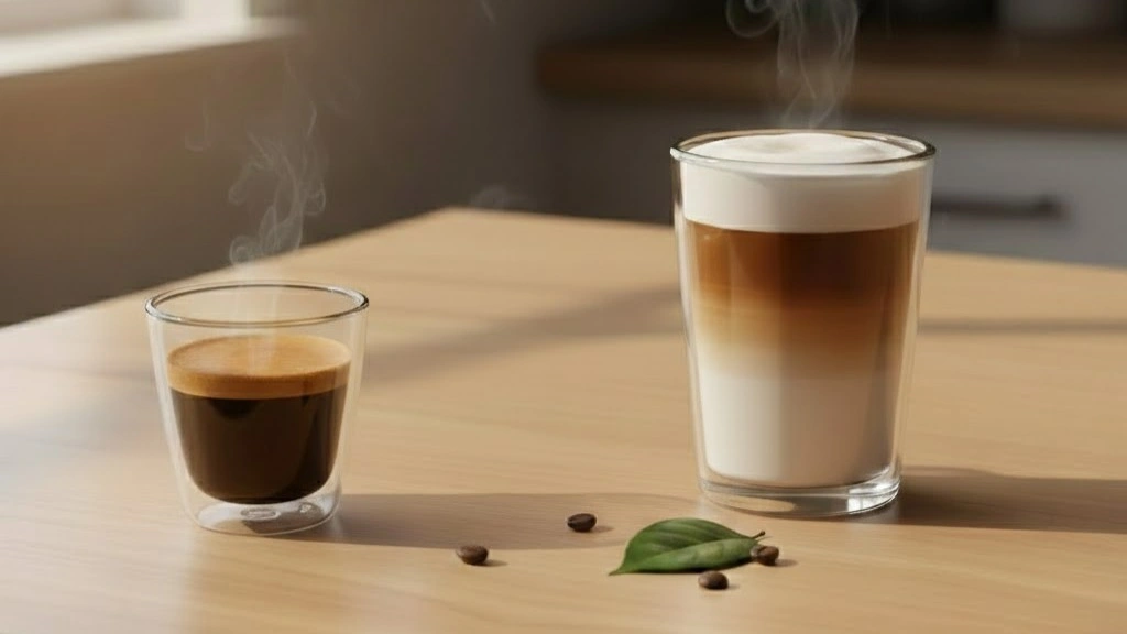 A small glass of espresso and a large layered latte side-by-side on a wooden table.