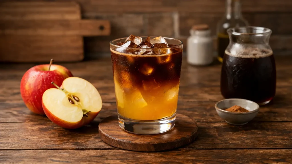 A refreshing layered apple coffee drink in a glass with ice, served on a wooden coaster next to a sliced red apple and a small bowl of cinnamon powder in a rustic kitchen setting.