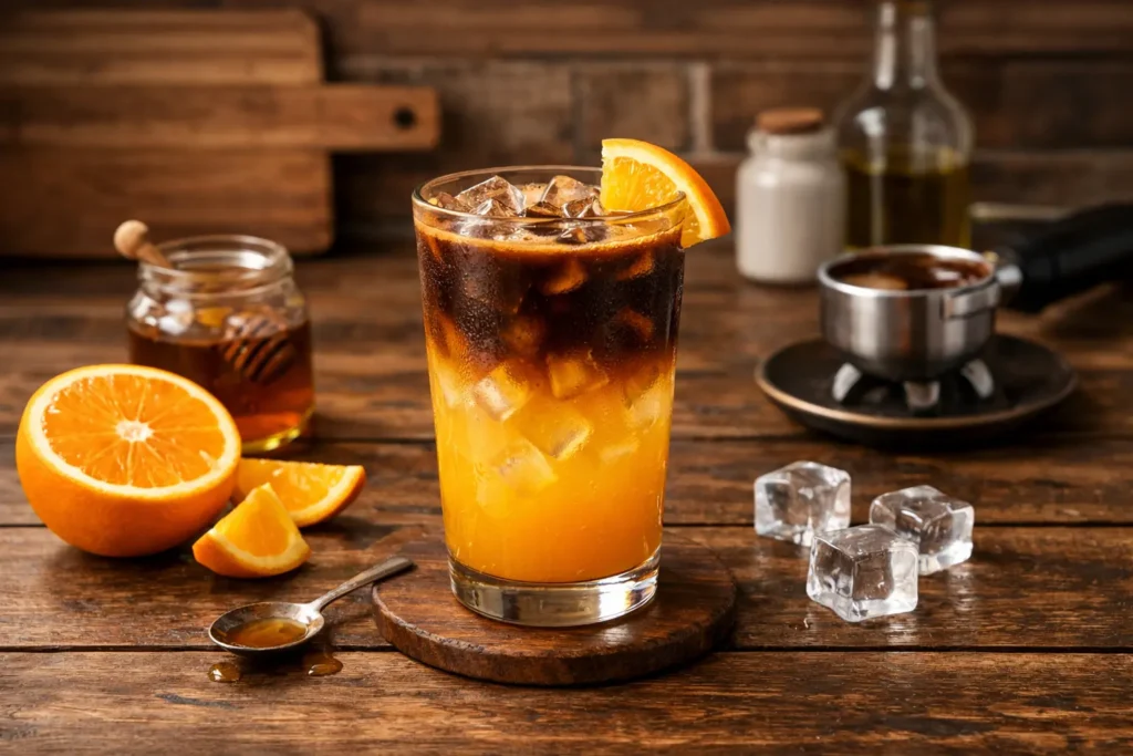 A layered iced bumble coffee in a tall glass with fresh orange juice, espresso, and ice cubes, garnished with an orange slice on a rustic wooden table with honey and fresh oranges in the background.