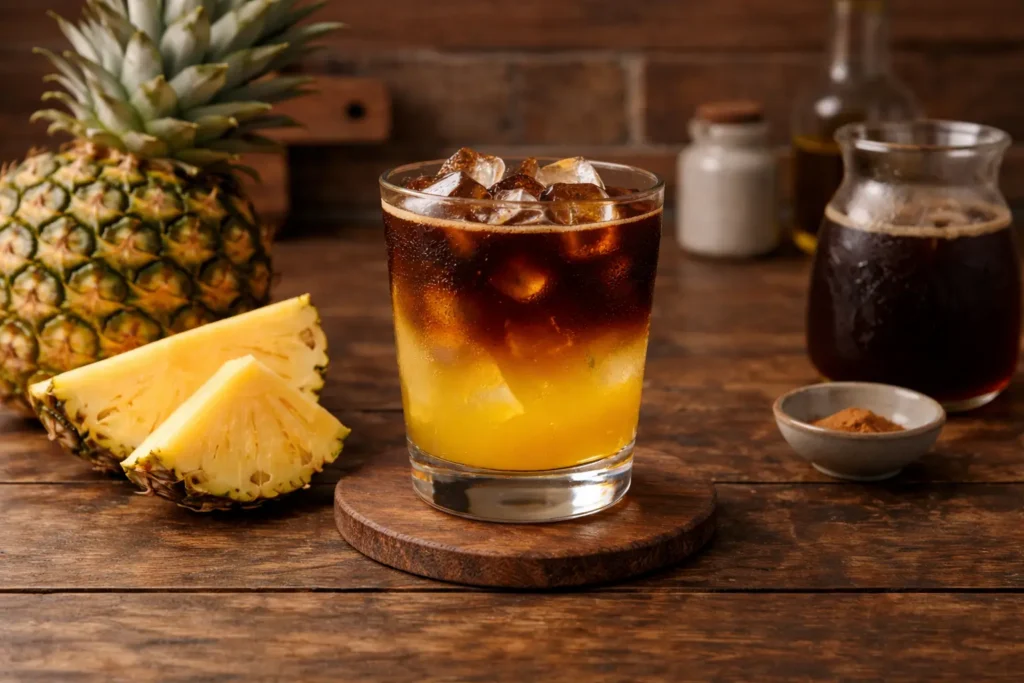 A refreshing layered coffee drink with cold pineapple juice at the bottom, a dark espresso shot on top, and ice cubes in a clear glass.