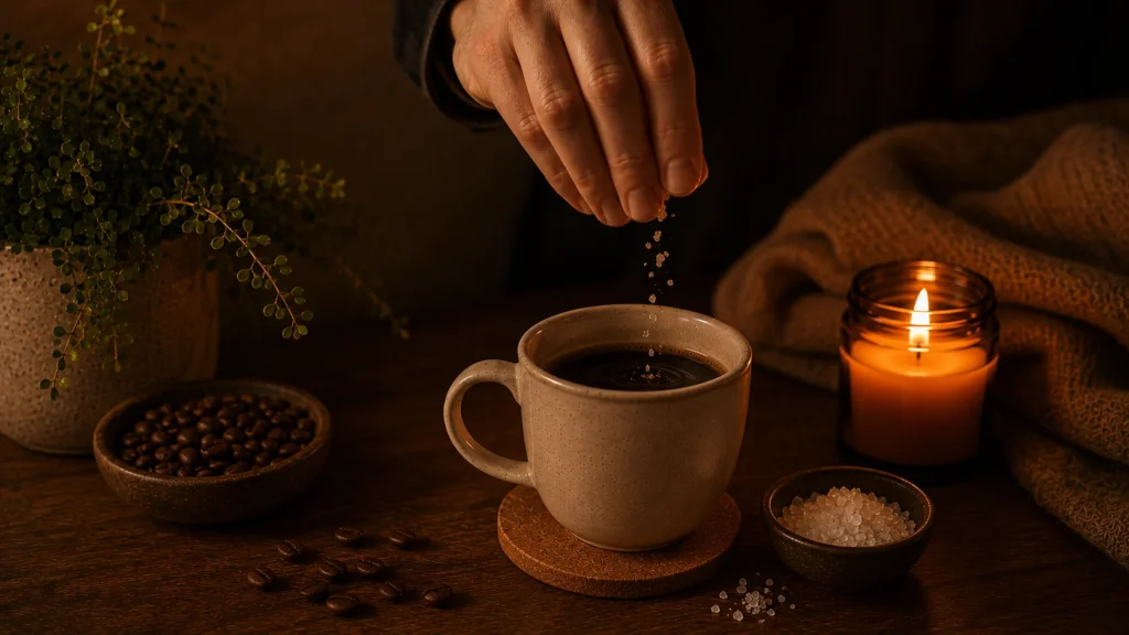 Barista adding a pinch of salt to coffee