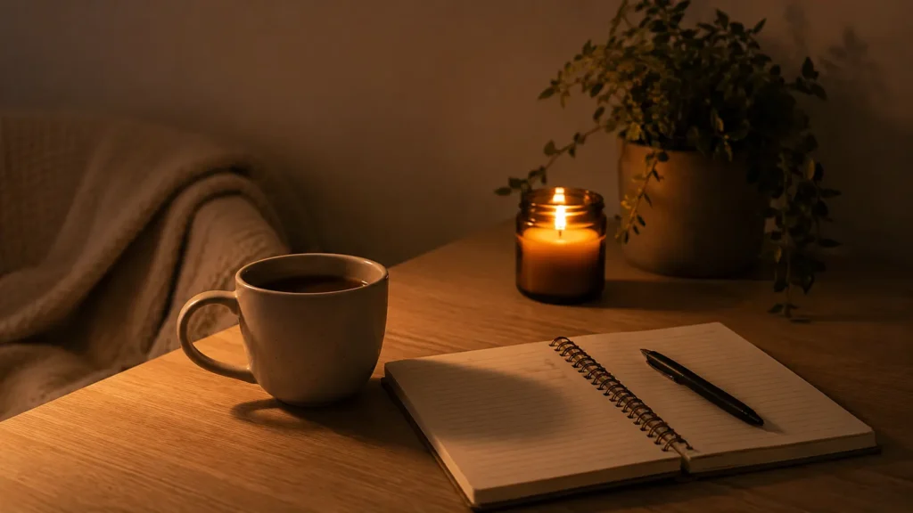 Late-night coffee beside a laptop affecting sleep quality