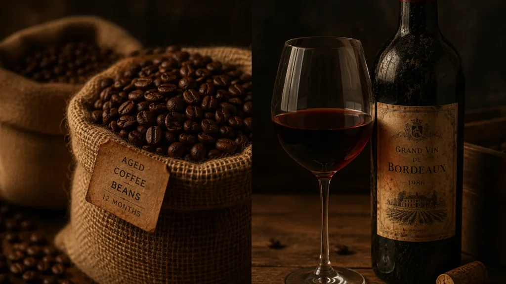 Aged coffee beans and vintage wine bottle, symbolizing the aging process in both coffee and wine