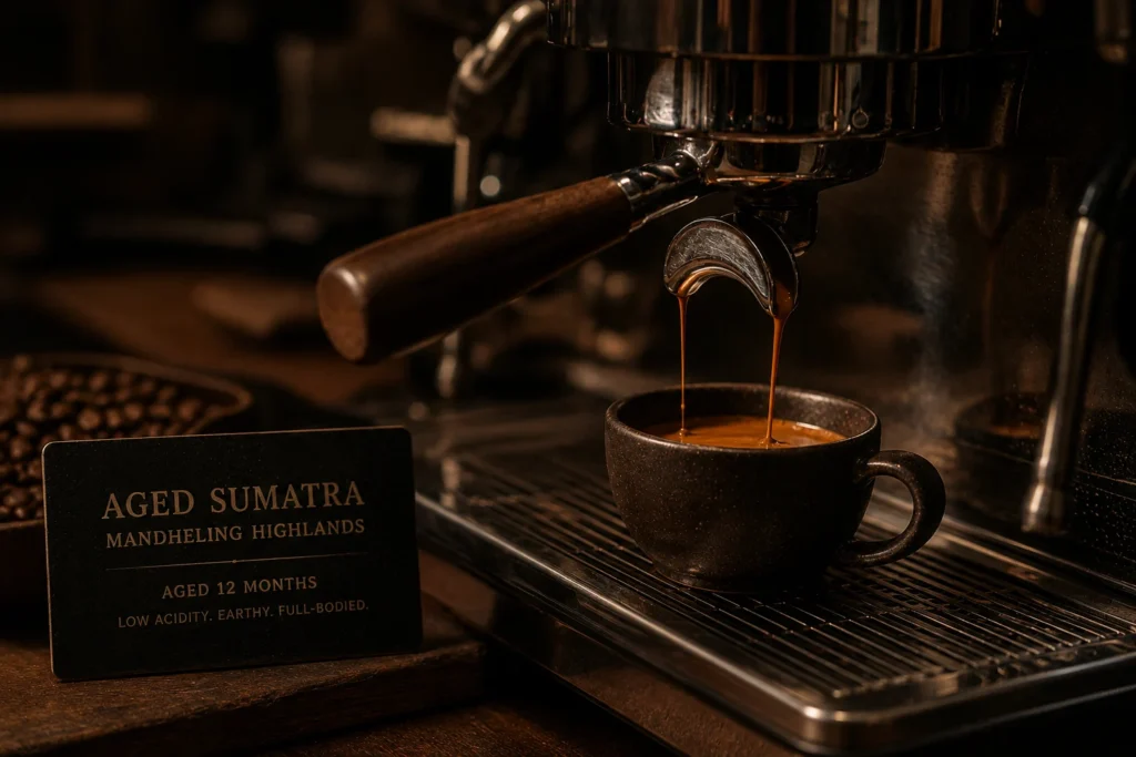 Barista prepares espresso using aged Sumatra coffee beans, showcasing rich crema