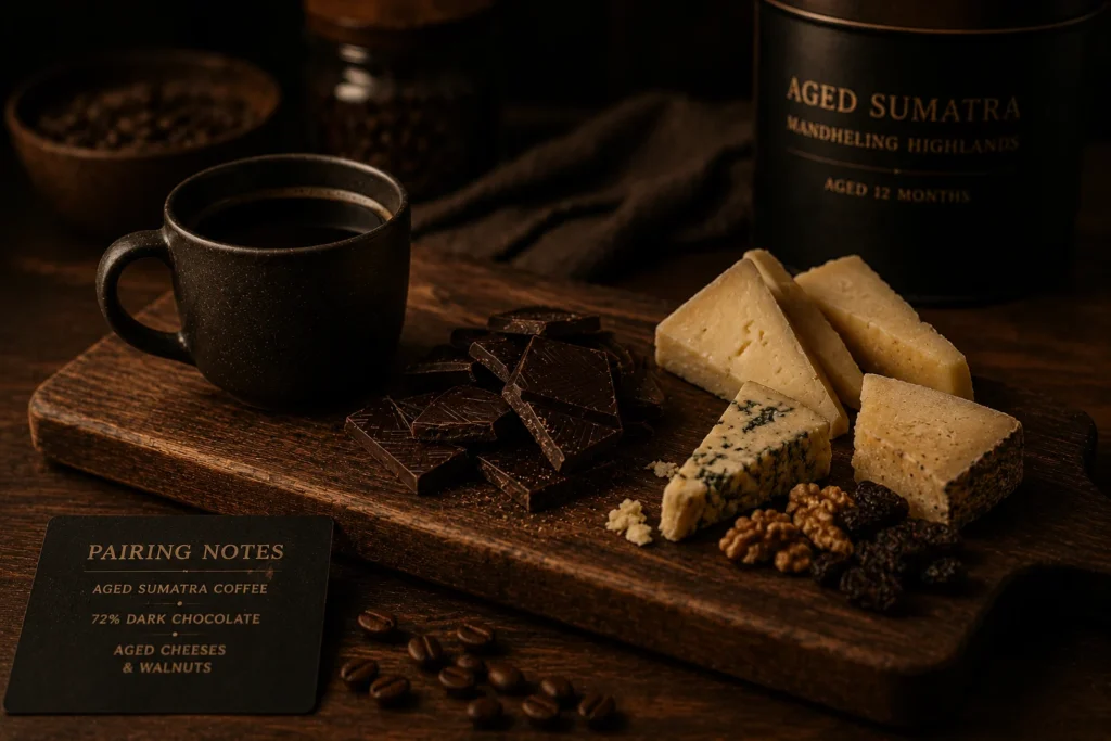 Artisanal food spread pairing aged coffee with dark chocolate and cheese