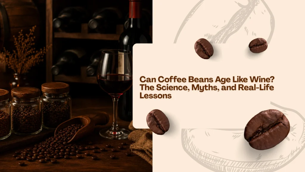 Wine glass beside coffee beans and jars with a modern article cover about whether coffee beans can age like wine.