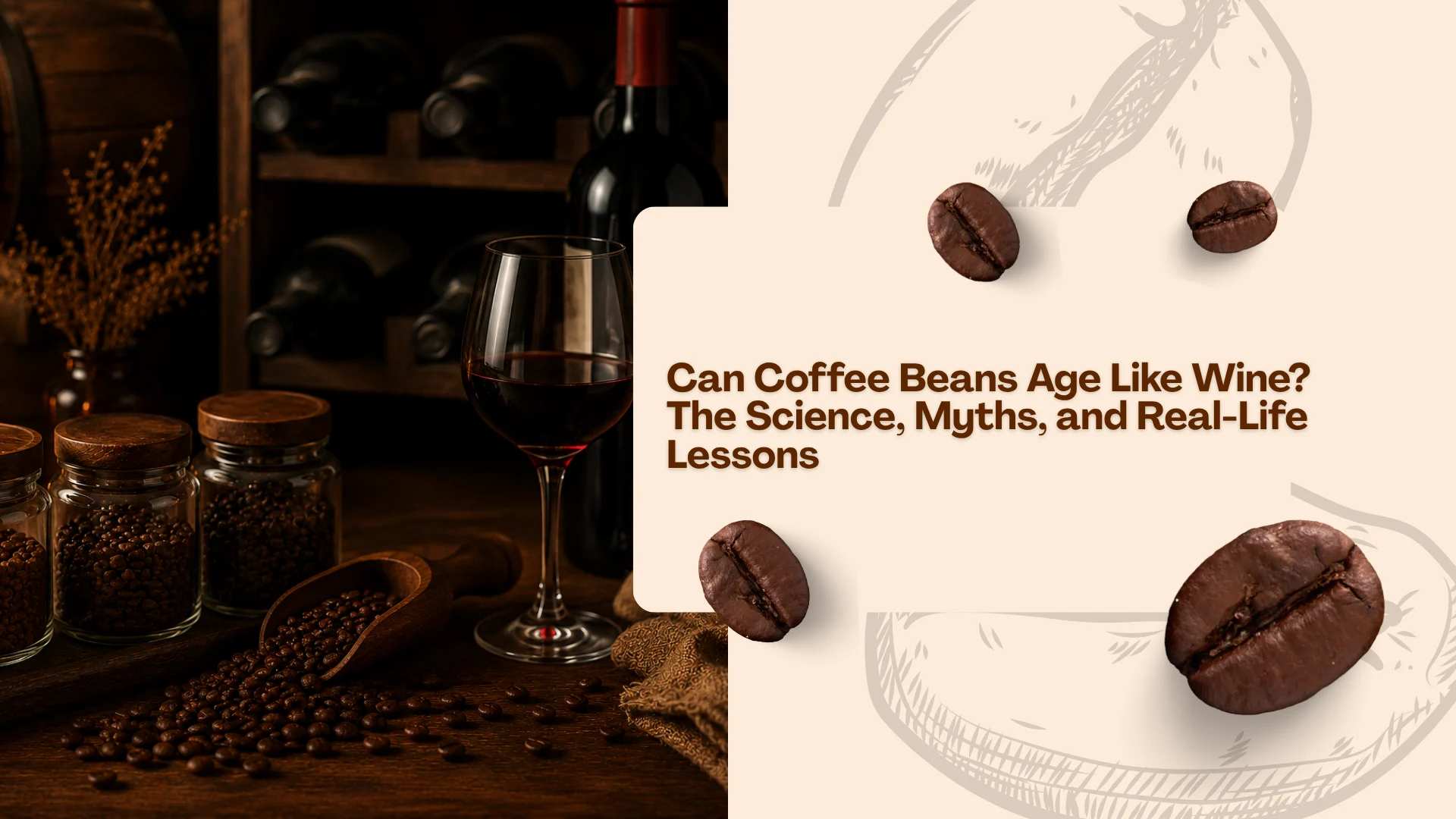 Wine glass beside coffee beans and jars with a modern article cover about whether coffee beans can age like wine.
