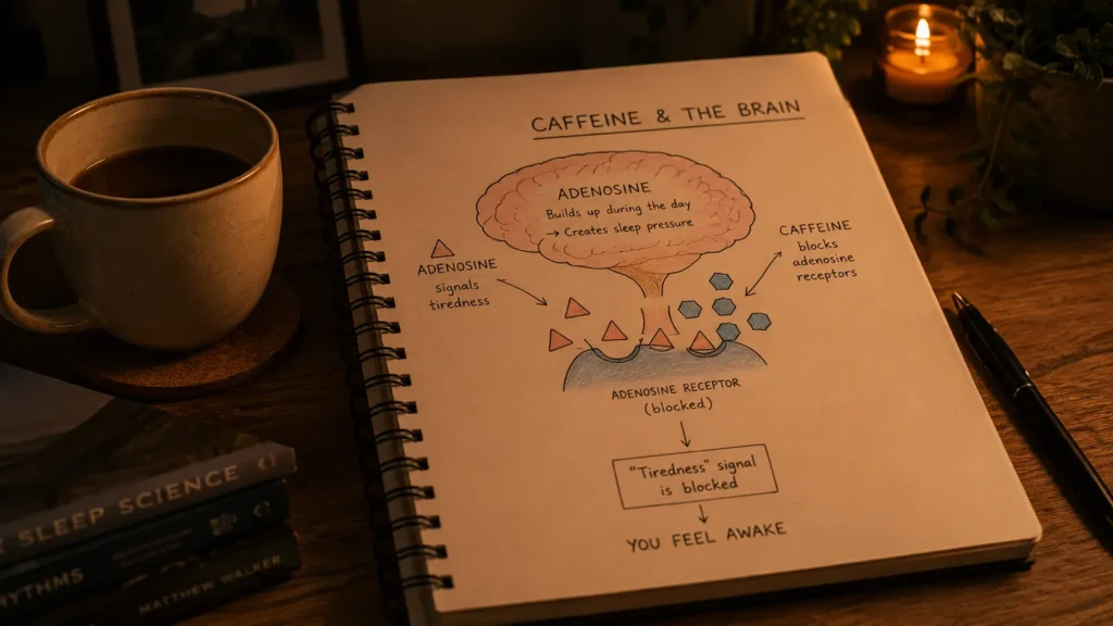 Scientific visualization of caffeine blocking adenosine receptors