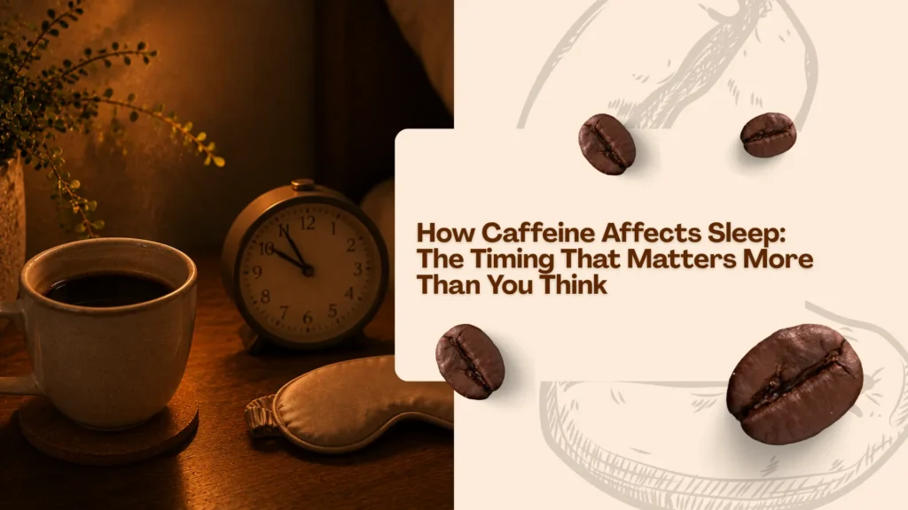 Warm cozy nightstand scene with a steaming coffee cup, alarm clock, sleep mask, and soft bedroom lighting symbolizing the connection between caffeine and sleep