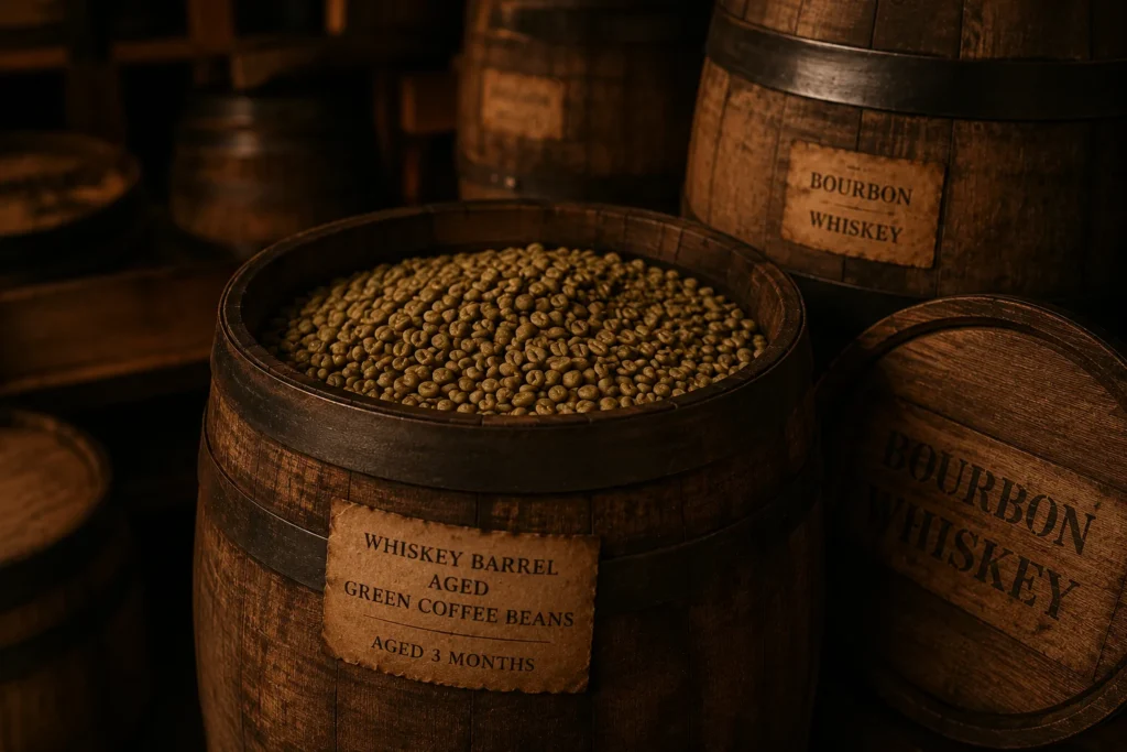 Green coffee beans aging in oak whiskey barrels for flavor infusion