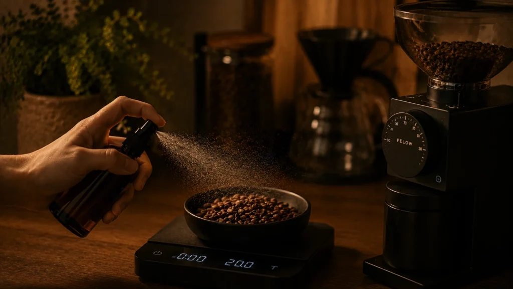 Home barista spraying water on coffee beans before grinding