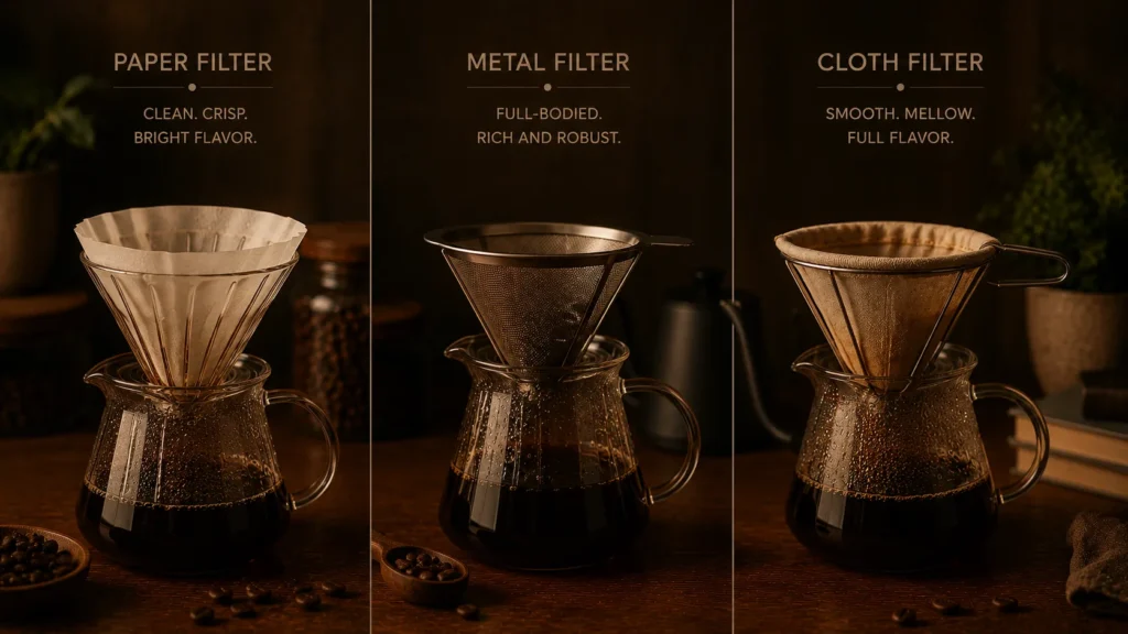 Three types of coffee filters paper, metal mesh, and cloth on a table with ground coffee