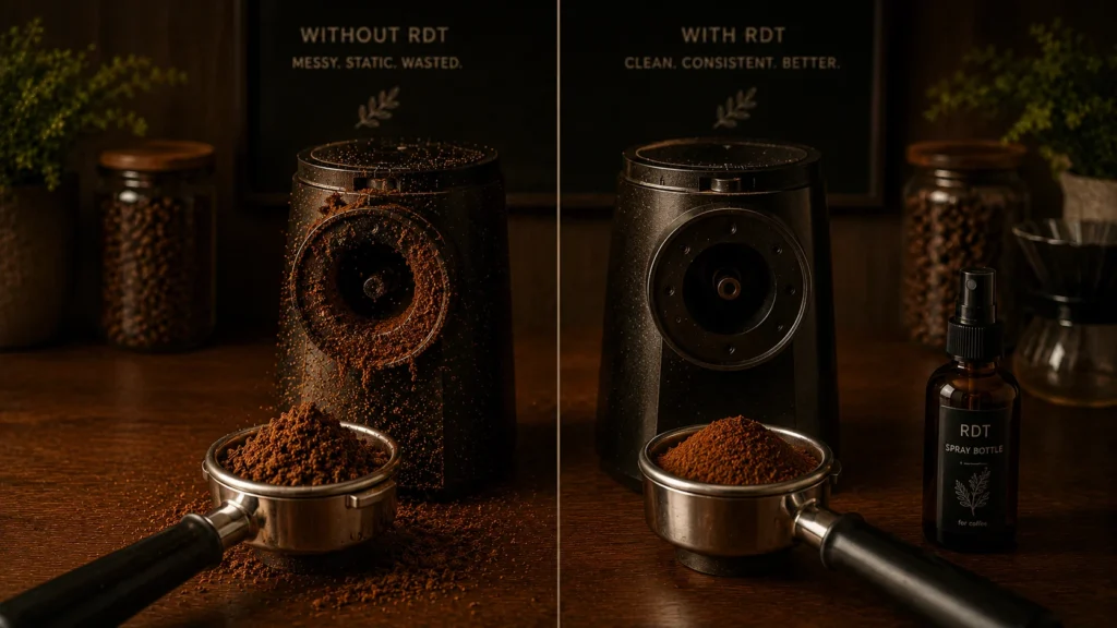 Side-by-side comparison of coffee grounds with and without water spritz