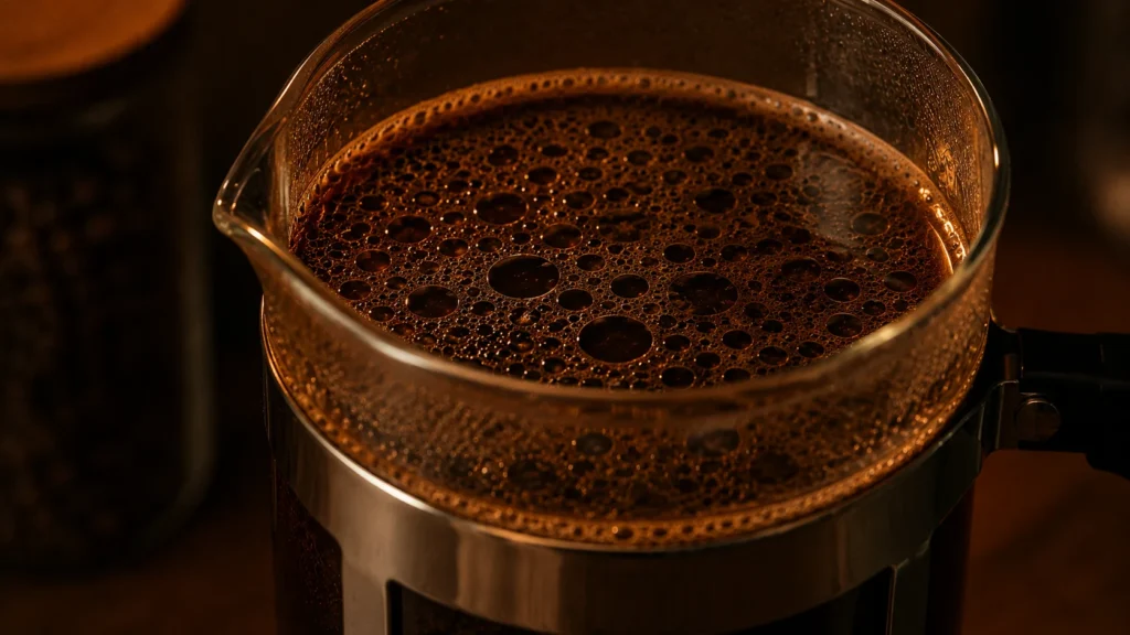 Shiny coffee oils floating on the surface of freshly brewed French press coffee