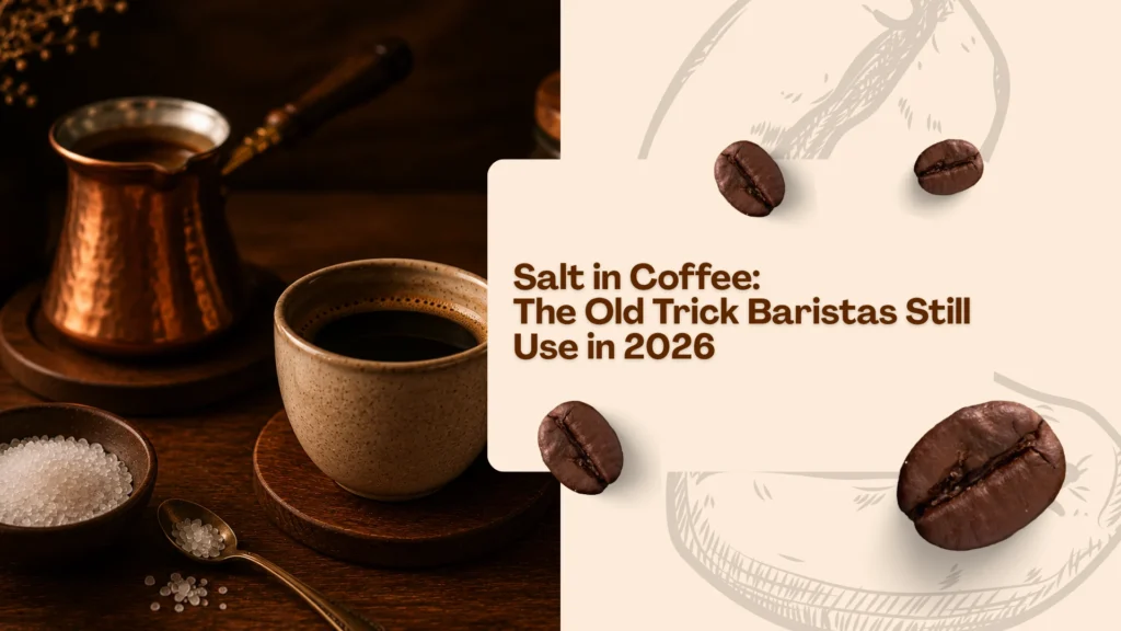Salt added to black coffee beside a traditional copper cezve and sea salt crystals on a wooden table in a cozy warm setting.