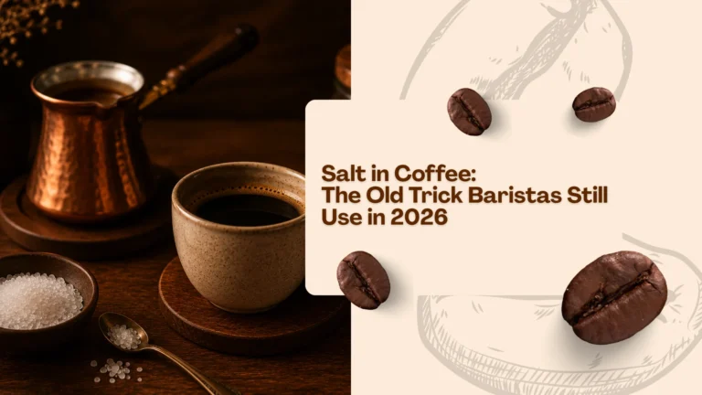 Salt added to black coffee beside a traditional copper cezve and sea salt crystals on a wooden table in a cozy warm setting.
