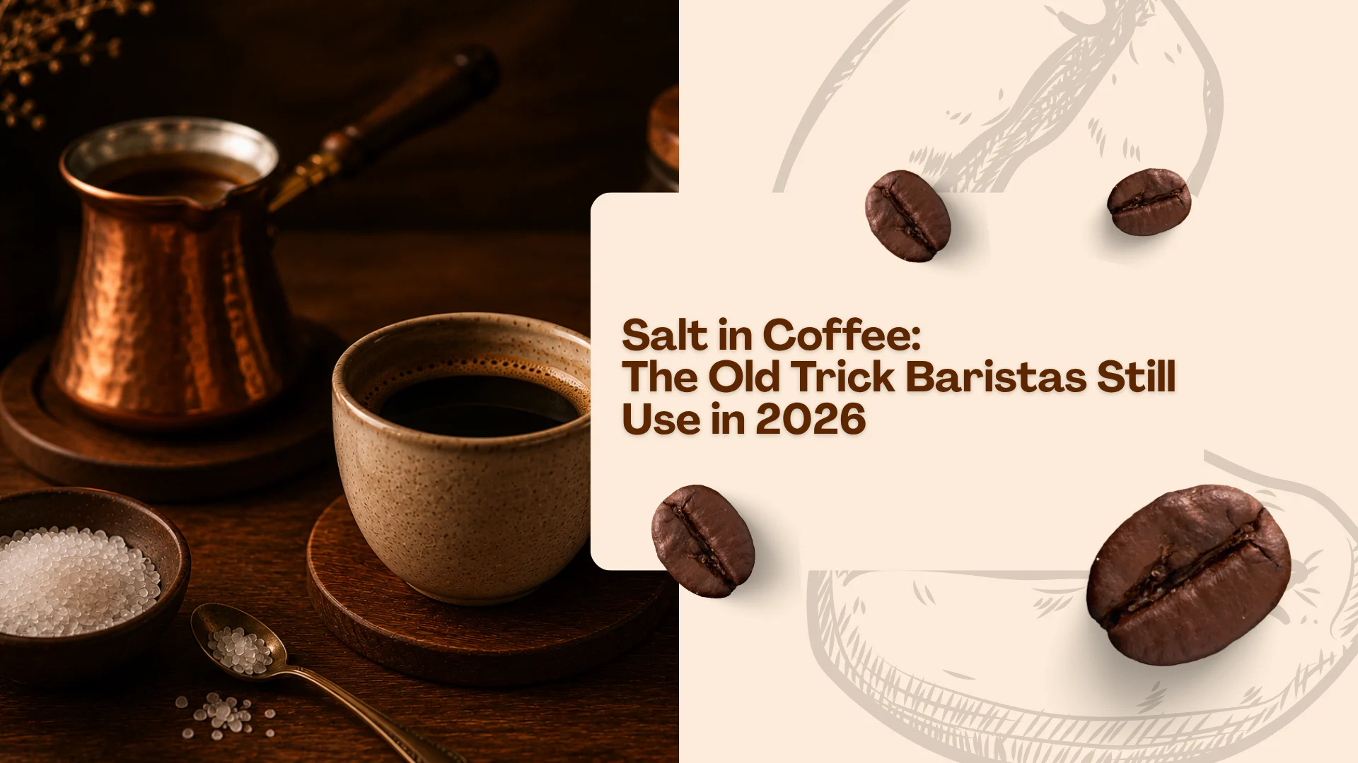Salt added to black coffee beside a traditional copper cezve and sea salt crystals on a wooden table in a cozy warm setting.