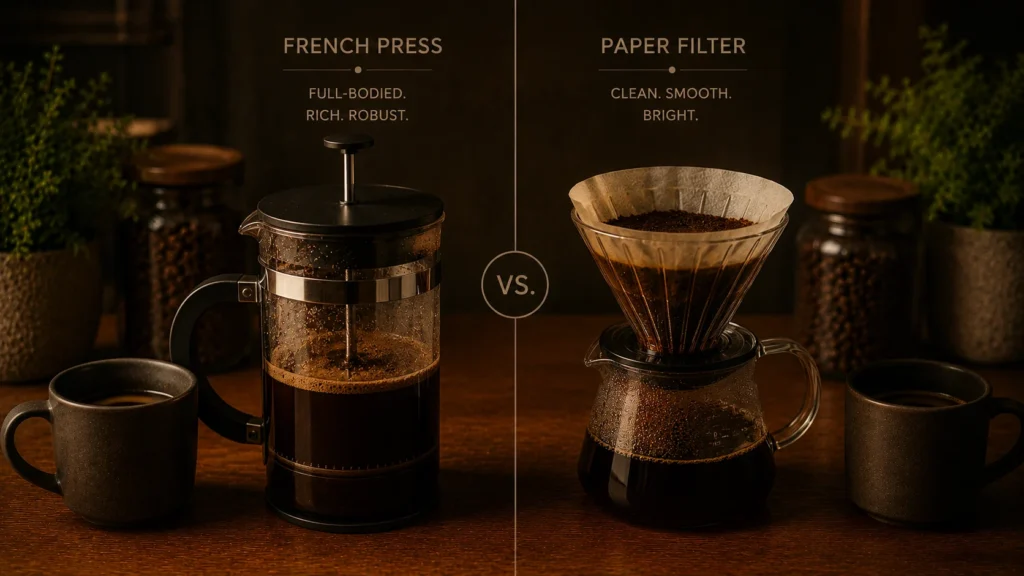 Two glass mugs of coffee—one with visible oil sheen (French press) and one clear (drip)