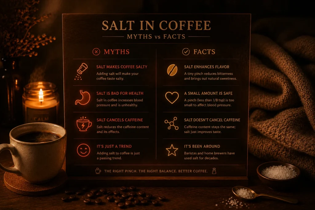 Table visually separating myths and truths of adding salt to coffee