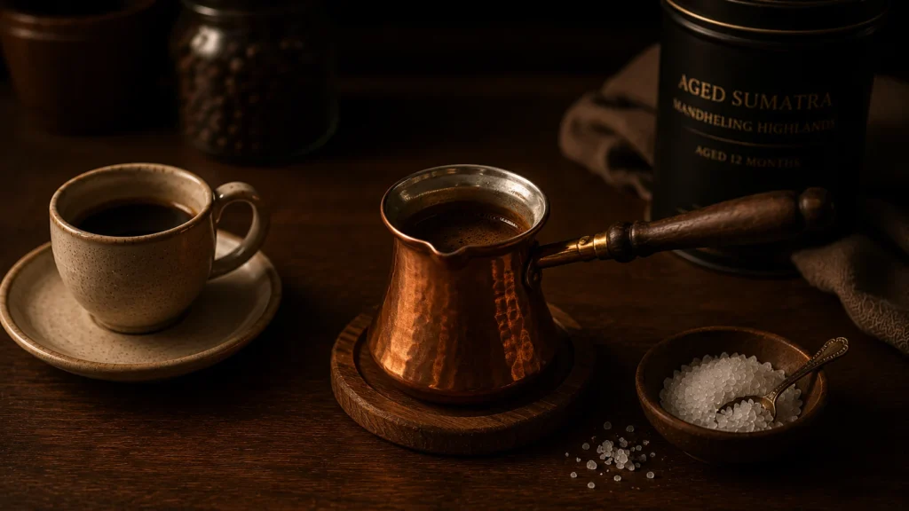 Coffee setup with salt, reminiscent of Turkish coffee traditions