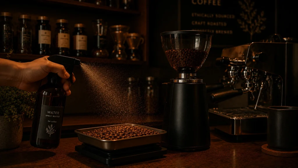 Barista spraying water on coffee beans before grinding in a specialty coffee shop