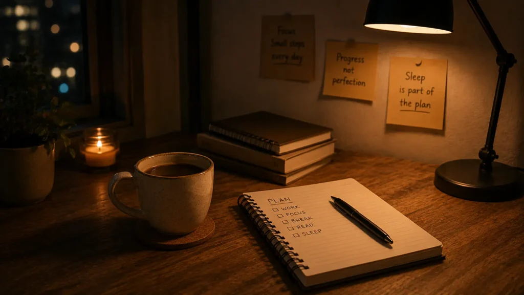 Exhausted person drinking coffee late at night while working