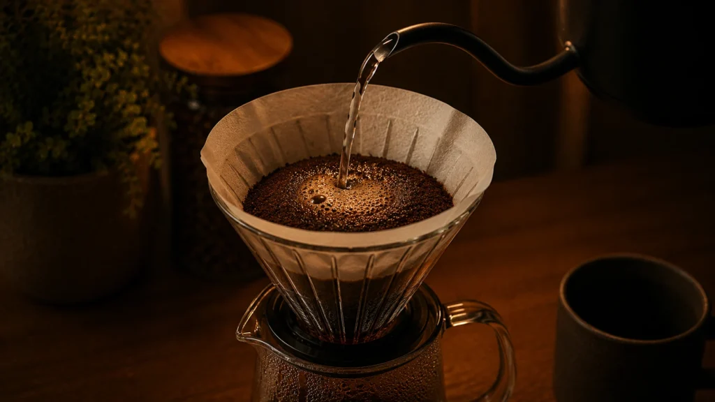 Freshly ground coffee in a white paper filter with water being poured in a V60 dripper