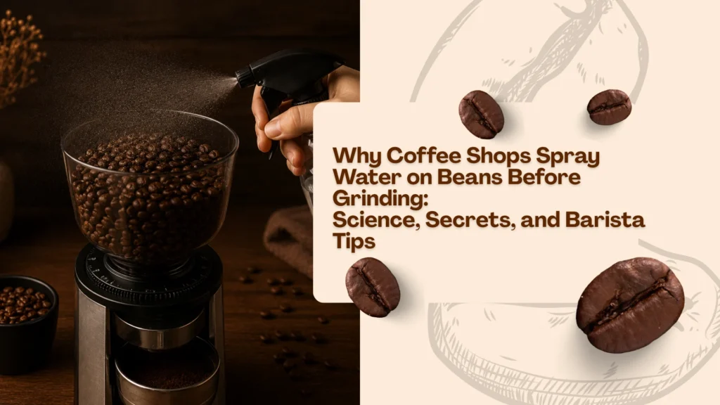 Coffee beans being lightly sprayed with water before grinding to reduce static and improve espresso consistency in a barista setup.