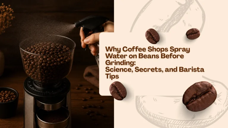 Coffee beans being lightly sprayed with water before grinding to reduce static and improve espresso consistency in a barista setup.