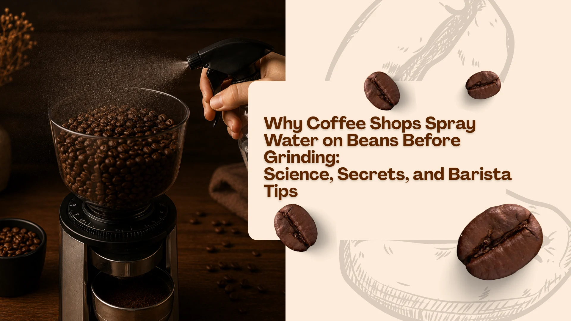 Coffee beans being lightly sprayed with water before grinding to reduce static and improve espresso consistency in a barista setup.