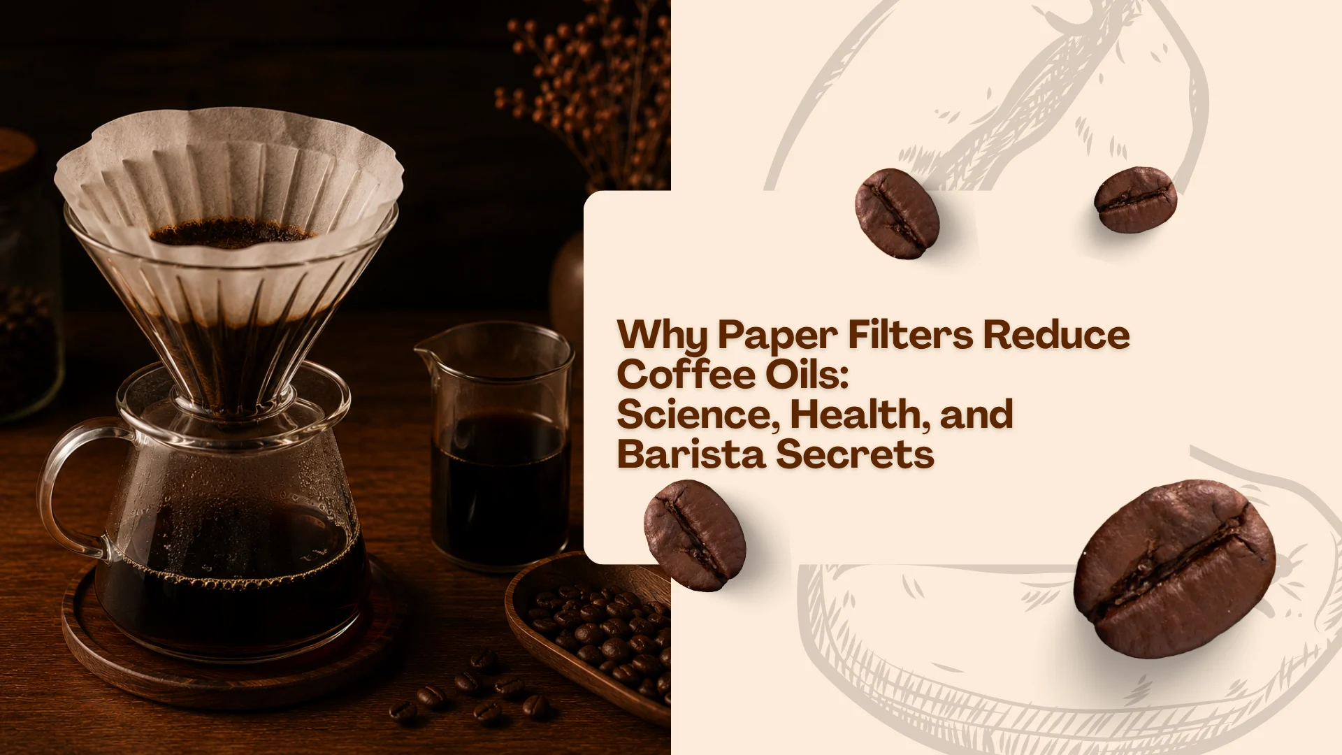 Pour-over coffee brewer with a paper filter and fresh black coffee beside article cover text about how paper filters reduce coffee oils