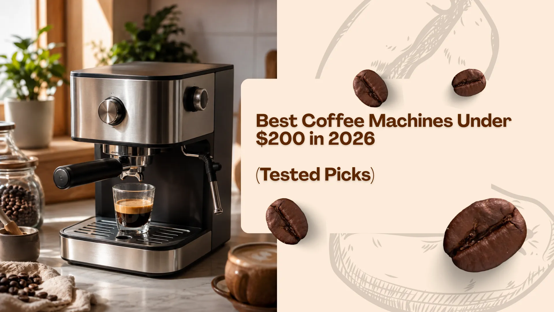Compact espresso machine on a kitchen counter with a fresh espresso shot - best coffee machines under $200